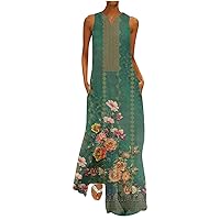 Vintage Ethnic Style Floral Printed Dresses for Women Summer Casual Notch V Neck Sleeveless Long Maxi Dresses Pockets