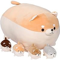 Snugababies Shiba Inu Stuffed Animal Mommy with 4 Baby Puppies in Tummy | Plush Toy Anime Corgi & Akita Kawaii Dog Soft Pillow | Plush Toy Gifts for Boys Girls