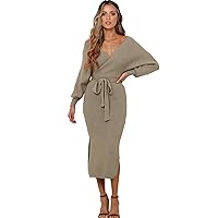 Womens Sexy Off The Shoulder Knitted V Neck Backless Side Split wrap Sweater Dress with Belt