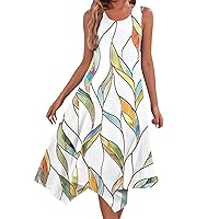Spring Boho Dresses for Women 2024 Casual Round Neck Sleeveless Print Irregular Hem Midi Dress