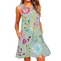 Summer Dresses for Women 2024 Floral Print Beach Party Sundress Sleeveless Fashion Cocktail Dress Casual Pockets Boho Dress