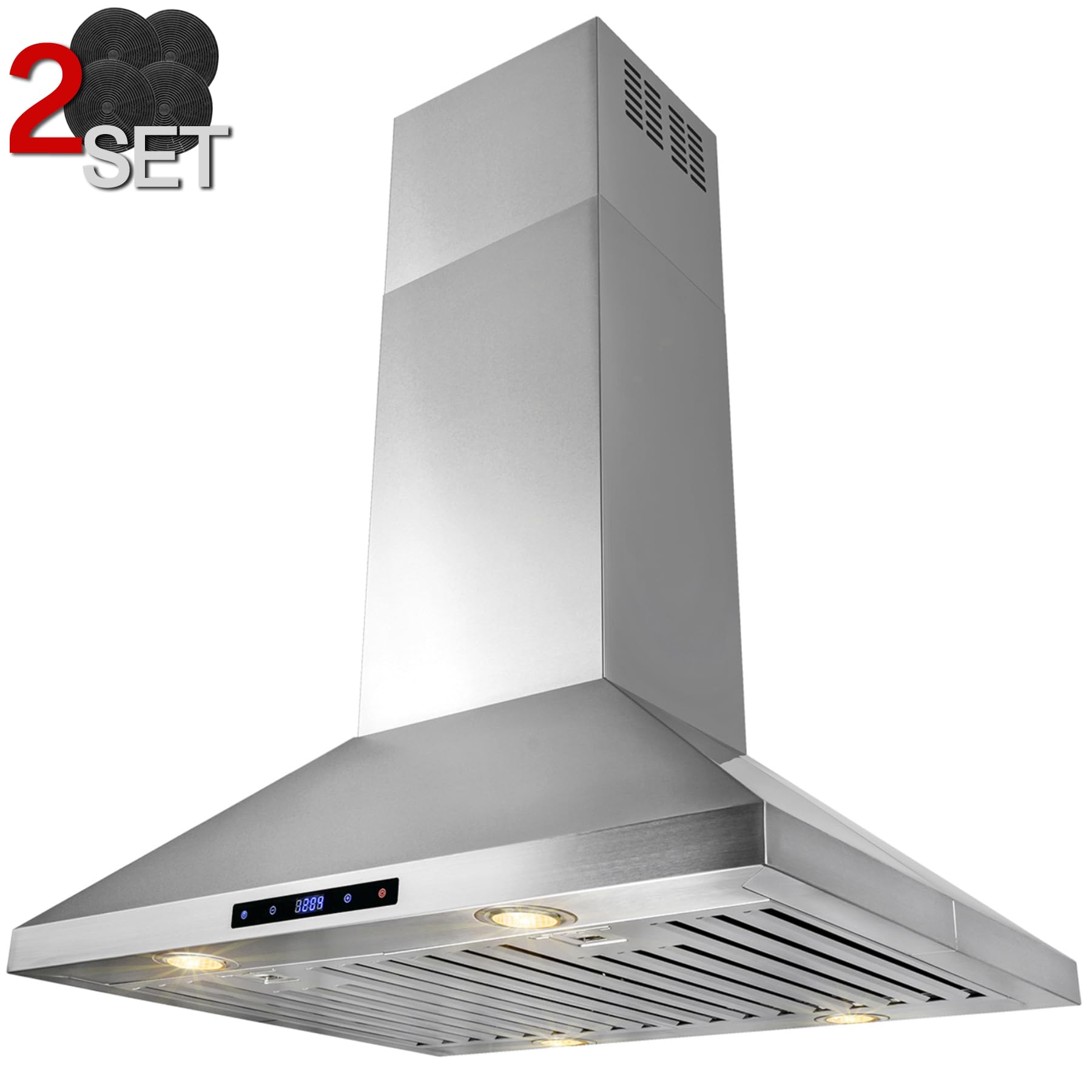 AKDY 30 in. Island Mount Range Hood, 4-Speed Fan and LED Lights in Stainless Steel, Convertible Range Hood Ducted to Ductless with 2-Sets of Carbon Filters
