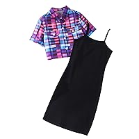 OYOANGLE Girl's 2 Piece Outfits Cami Short Bodycon Dress and Plaid Print Button Down Short Sleeve Crop Top Skirt Set