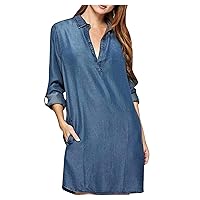 Vintage Shirt Dress Washed Women's Blue V-Neck Fashion Denim Denim