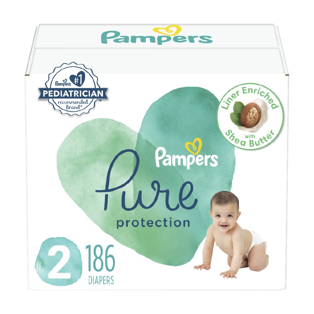 Diapers Size 2, 186 Count - Pampers Pure Protection Disposable Baby Diapers, Hypoallergenic and Unscented Protection (Packaging & Prints May Vary)