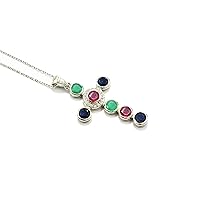 Natural Ruby Emerald Sapphire Gemstone Holy Cross Pendant Necklace 925 Sterling Silver July Birthstone Ruby Jewelry Engagement Gift For Her (PD-8434)