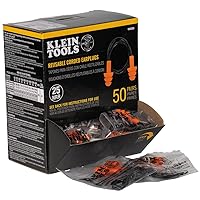 Klein Tools 6050350 Corded Earplugs, 25dB NRR, Reusable Orange, with Dispenser Box, for Construction, Shooting and Hunting, 50-Pack