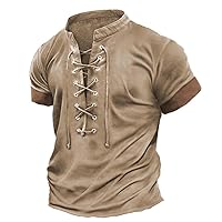 Men Vintage Lace Up Muscle Henley Shirts Plus Size Short Sleeve Stand Collar Retro Hippie Shirt for Work Beach Yoga Vacation