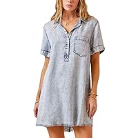 Women's Denim Shirt Dress Short Sleeve V Neck Casual T Shirt Cover Up Jean Dress Frayed Hem Dress with Pocket