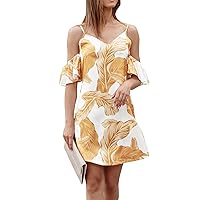Sexy Suspender with Ruffle Sleeves V Neck Printed Dress, S, XXL