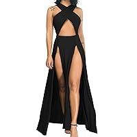Velius Women Sexy Hollow Out Halter Wrap Sleeveless Plain Pleated Slit Casual Long Maxi Dress