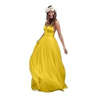 Women's Spaghetti Ruched Empire Waist Open Back Beach Wedding Dress Yellow US26W