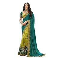 Yellow Blue Wedding Ceremony wear Woman Designer Silk Saree Blouse Heavy work Indian Bollywood Bride'smaid Sari 3164