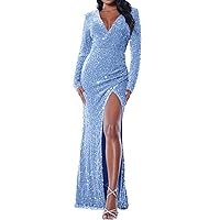 Fivsole Long Sleeve Prom Dress with Slit Sequin Long Sparkly Long Sleeve Formal Dress Evening Party Gowns