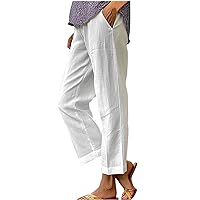Womens Linen Pants with Pockets Casual Ankle Pant High Waist Comfy Lightweight Loose Trousers Beach Cropped Pants Capri Casual Pants for Women Drawstring Pants Women