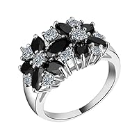 14K White Gold Finish Oval Cut Black Sapphire and Round Cubic Zirconia Wedding Party Ring for Womens