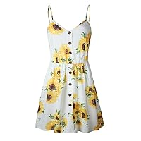 Women Sexy Sling Sleeveless V Neck Sunflower Print Button Princess Dress