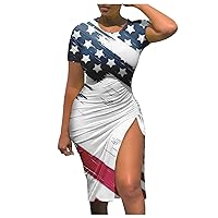 4th of July Dress Women American Flag Patriotic Dresses Sexy Short Sleeve Drawstring Side Split Bodycon Ruched Midi Dress