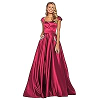 Women's Satin Prom Dress A Line Evening Gowns with Pockets