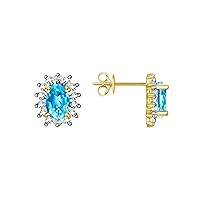 14K Yellow Gold Halo Stud Earrings - 6X4MM Oval Blue Topaz & Sparkling Diamonds - Exquisite December Birthstone Jewelry for Women & Girls by Rylos
