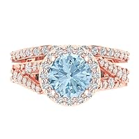 Clara Pucci 2.32ct Round Cut Simulated Blue Diamond 18K Rose Gold Halo Solitaire W/Accents Engagement Bridal Wedding ring band Set