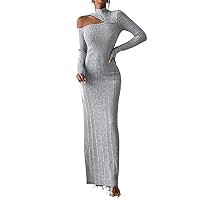 Women's Dress Cut Out Split Thigh Mock Neck Dress Dress for Women (Color : Light Grey, Size : Large)