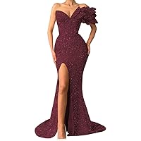 Sequin Mermaid Prom Dresses for Women 2024 One Shoulder Sparkly Evening Dress with Slit Long Formal Wedding Party Gown