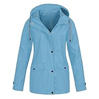 Waterproof Jackets for Women, Women Zip Lining Hooded Jackets with Pockets Solid Color Windbreaker Windproof Coat