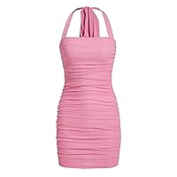 Dresses for Women - Ruched Backless Halter Bodycon Dress (Color : Baby Pink, Size : Small)