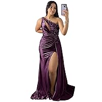 Plus Size Sequin Applique Prom Dresses One Shoulder Mermaid High Slit Long Evening Gowns for Women 2024 Grape