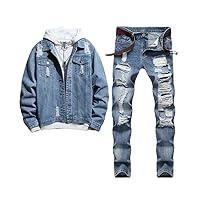 Mens Spring Autumn Classic Blue Ripped Hole Slim Fit Denim Jacket + Frayed Jeans 2 Piece Sets
