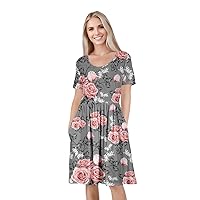 Women's Short Sleeve Empire Knee Length Dress with Pockets Grey and Pink