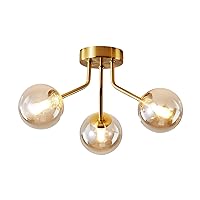 Modern Sputnik Chandeliers 3 Light Gold Semi Flush Mount Ceiling Light Fixture Pendant Lamps Bulbs with Glass Globe Lighting for Bedroom Kitchen Dining Room Office
