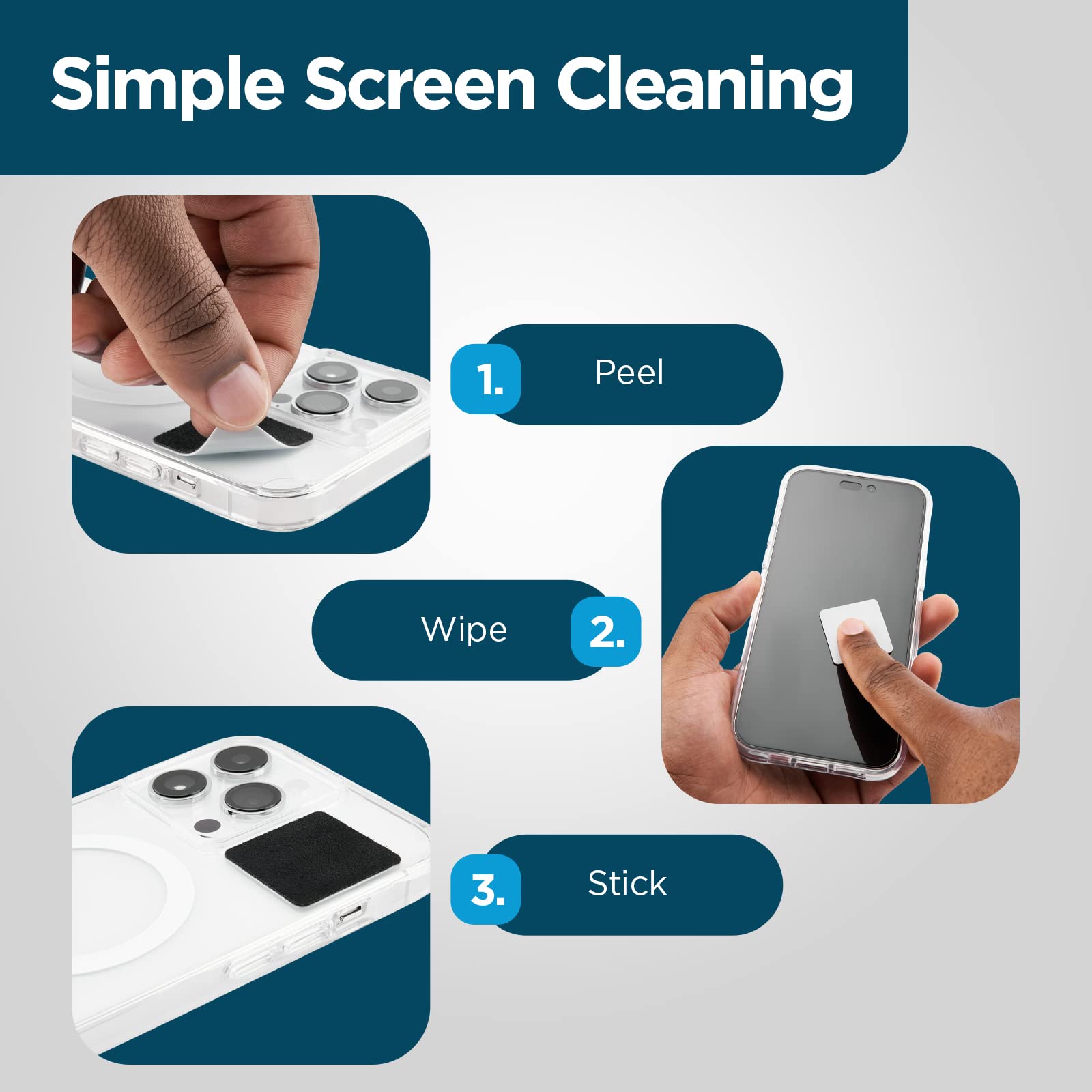 Case-Mate Screen Cleaner Squares - [3 Pcs] Peel & Stick Reusable, Washable Microfiber Cleaning Cloth/Wipes for iPhone, Laptop, iPad, Computer Screens, Camera Lenses, EV Car Screen & Other Electronics
