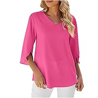 Womens Split Half Sleeve T-Shirts Summer V Neck Dressy Loose Tee Tops 2024 Fashion Flowy Solid Color Tunic Blouses