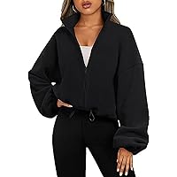 Cropped Stand Collar Hoodie for Women Long Sleeve Full Zipper Sweatshirts Hooded Fall Outfits Clothes Loose Tops
