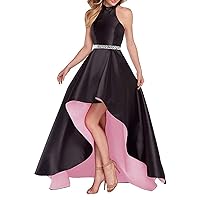 Women's Halter Beaded High Low Prom Dress With Pockets 18 Beaded-bla&pink