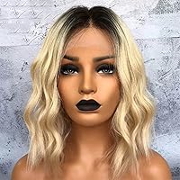 Ombre Blonde Short Bob Wig 1b 613 Colored Pixie Cut Wavy Short Bob Human Hair Wigs Pre Plucked 13x6 HD Transparent Lace Front Wig Brazilian Virgin Hair 150% Density with Baby Hair 8inch