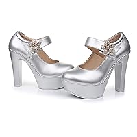 Women Elegant High Chunky Heels Platform Mary Janes Shoes Ladies Autumn Rhinestone Ladies Office Work Pumps