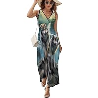 Wolf Sunrise Waterfall Women's Boho Maxi Dresses Casual Sleeveless Summer Beach Long Dress