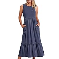 Prime of Day Deals Today 2024 Clearance Women Summer Dresses with Pocket, Casual Long Dress Solid Sleeveless Ruffle Hem Maxi Dresses Crewneck Tshirt Dress Ladies Summer Dresses Navy