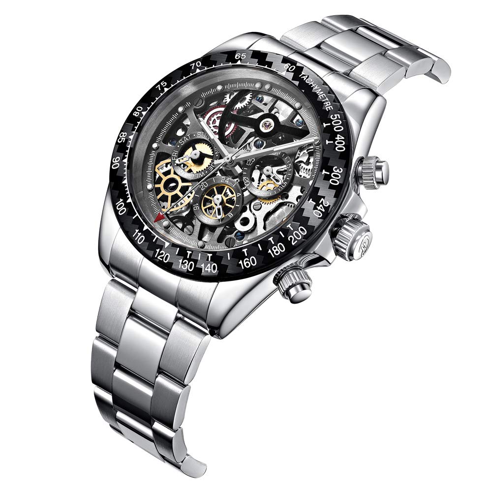 Men‘s Automatic Skeleton Mechanical Carbon Fiber Wirst Watch with Stainless Steel Bracelet 88879