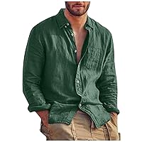 Linen Mens Shirt Linen Long Sleeve 2024 Trendy Plus Size T-Shirt Solid Fashion Casual Button Top Blouse Outdoor Shirt Lightweight Tees Green XL