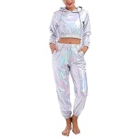 Women's Rave Outfit Shiny Crop Top Hoodie Metallic Casual Long Pants Hooded Workout Sweatshirt Disco Dance Clubwear