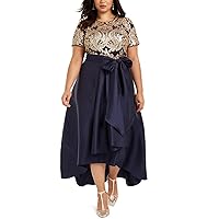 R&M Richards Women's Plus Size Short Sleeve Sequin-Embellished High-Low Gown