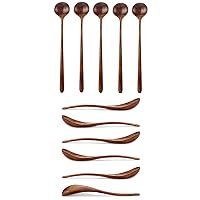 Long Spoons Wooden X 5, Wooden Soup Spoons X 6, Japanese Ramen Spoons Round Nanmu Wood Long Handle Kids Rice Dessert Cooking Tasting Dinner Table Spoon for Kitchen Restaurant