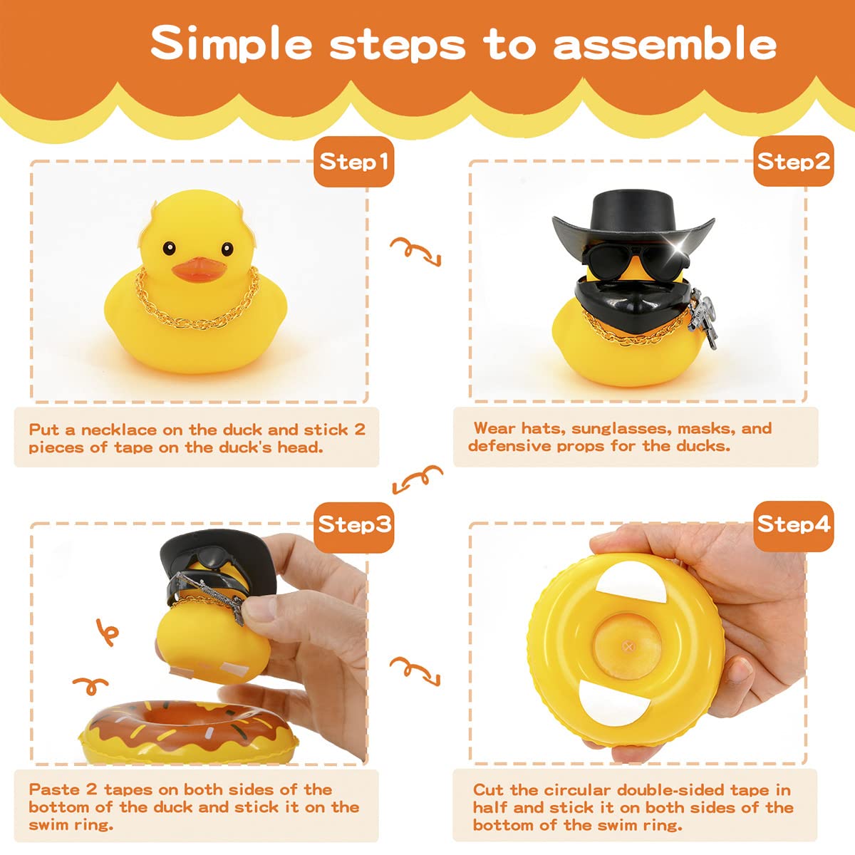 Ducks for Cars - Rubber Duck for Dashboard of Car, Yellow Duck Car Dashboard Decorations, Squeak Ducks Toys Car Ornaments Car Décor Accessories with Hat Swim Ring Necklace Sunglasses for Decor Home