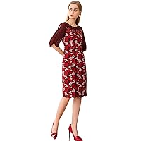 Women's Polyester Dresses Embroidery Red Midi Dress Peony Pattern Ladies Party Dress