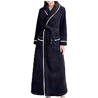 Womens Flannel Lapel Bathrobe Color Block Plush Fleece Long Robe 2023 Winter Loungewear Soft Warm Pockets Nightgown