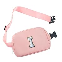Pink Small Waist Fanny Pack Belt Bag with Initial Letter Patch Crossbody Adjustable Strap for Women Girls Running Traveling, Mini Cross Body Travel Purse Sports Events Practical Pouch (I)